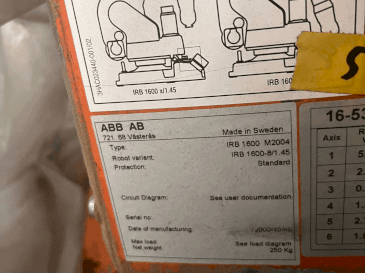 Typenschild der ABB IRB 1600 M2004  Maschine
